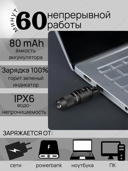 Фонарик Olight iMini 2. 50 лм, дальность до 21 м, магнит+карабин, USB, 80 mAh, IPX6
