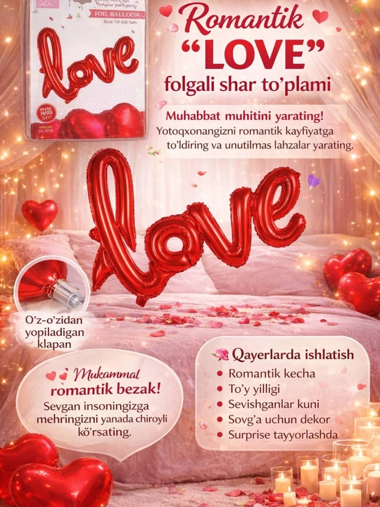 Katta shar yurak, bantik, I love you, 14 fevral uchun, tug‘ilgan kun sharlar to'plami