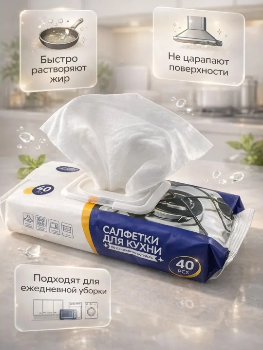 Салфетки влажные для уборки бытовые для кухни 40 шт