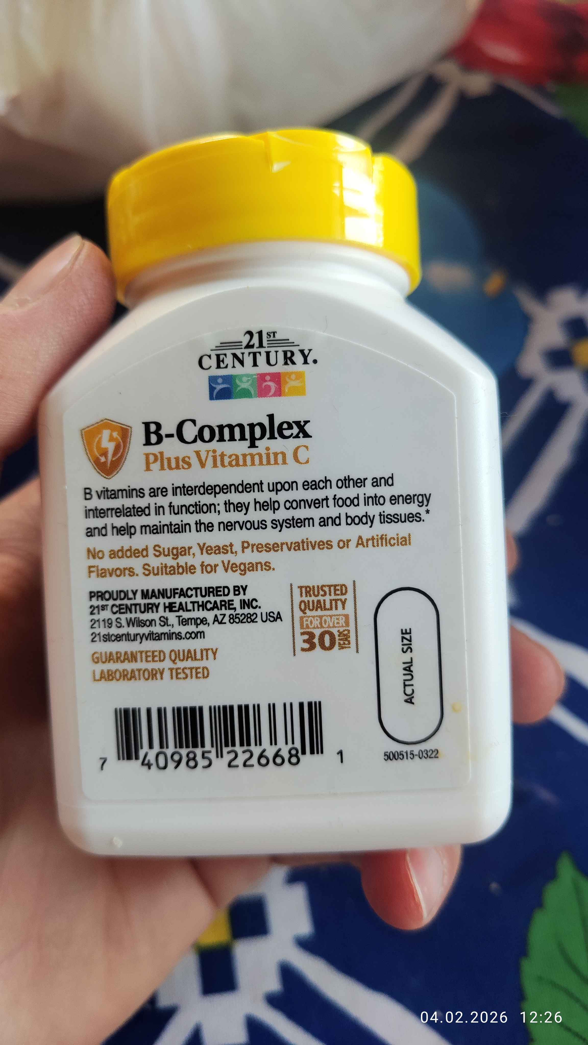 Vitamin "B" guruhi kompleksi 21st Century, vitamin "C" bilan, 100 ta tabletka