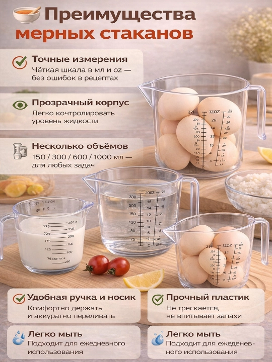 Акриловые мерные стаканы, 150/300/600/1000 мл, для кухни, для жидкостей и круп