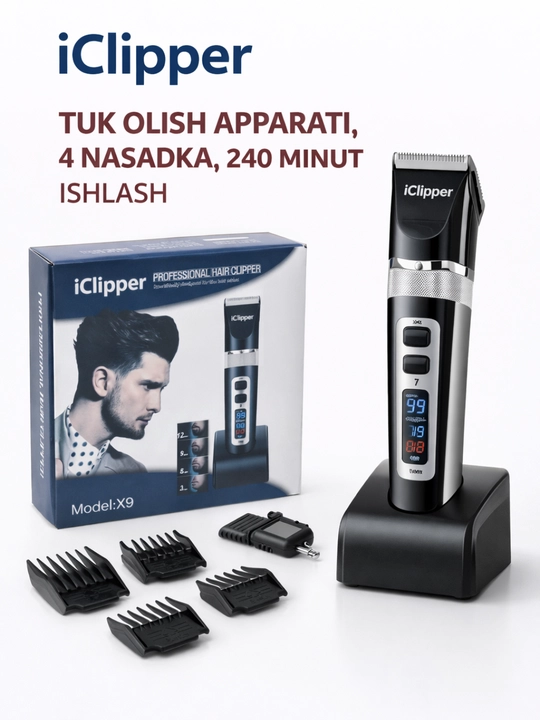 IClipper X9 professional soch olish mashinkasi, 4 ta nasadka, 240 daqiqa - 