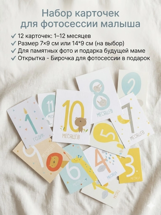 Карточки для фотосессии новорождённых помесяцам для мальчика и для девочки наборы на выбор