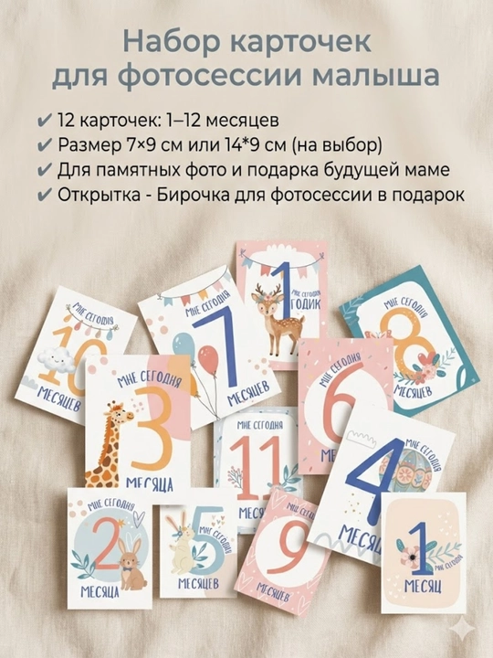 Карточки для фотосессии новорождённых помесяцам для мальчика и для девочки наборы на выбор
