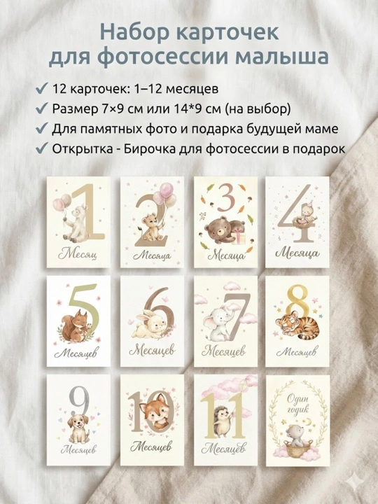 Карточки для фотосессии новорождённых помесяцам для мальчика и для девочки наборы на выбор
