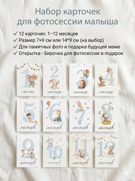 Карточки для фотосессии новорождённых помесяцам для мальчика и для девочки наборы на выбор