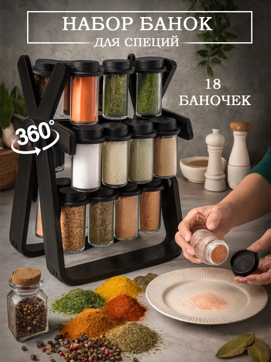 Органайзер для специй, на стол, с баночками — кухонная подставка для приправ и специй - 