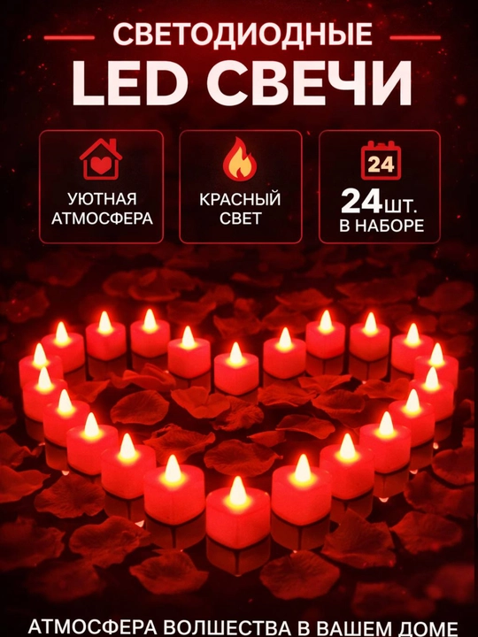 Свечи без огня в форме сердца, LED-подсветка, наборы по 5, 12 и 24 штуки - 