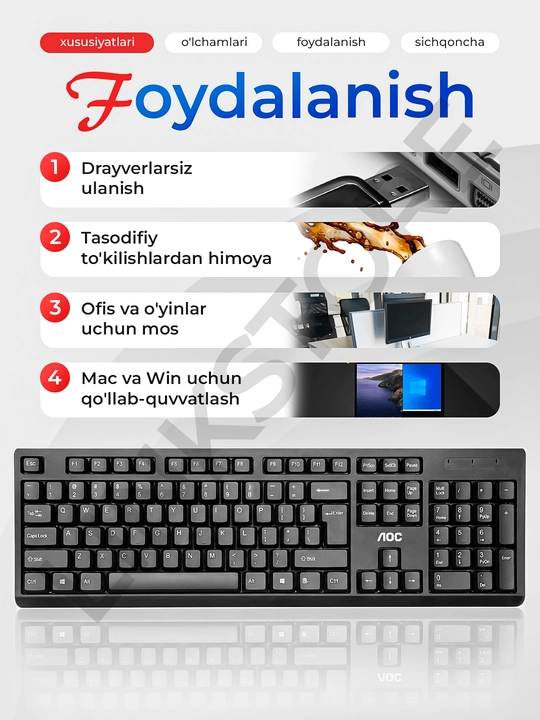 Simli klaviatura va sichqoncha to'plami kompyuter va noutbuk uchun AOC KM160, 104 tugma
