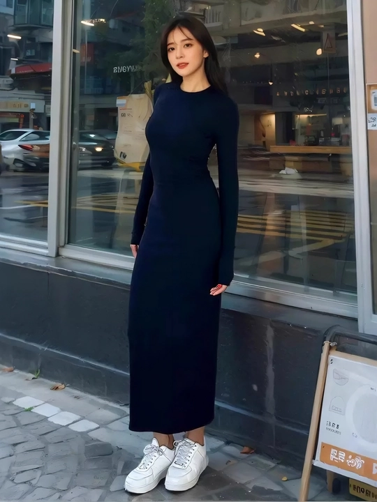 Uzun yengli ayollar ko‘ylagi, yumaloq kesimli, elastik - 