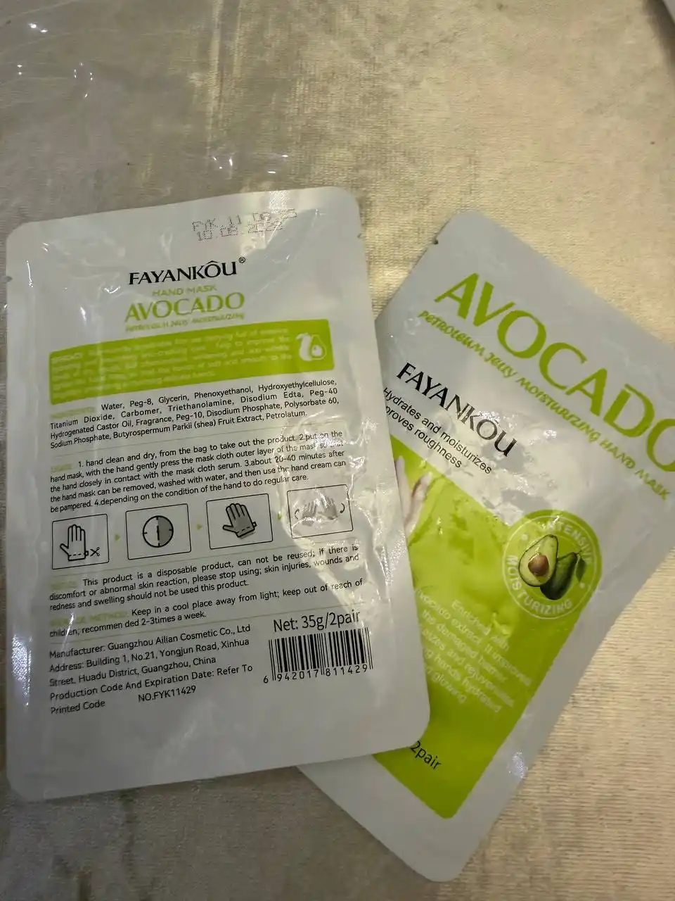 Avokado va vazelinli qo‘l uchun namlovchi FAYANKOU maskasi, 35 gr/juft