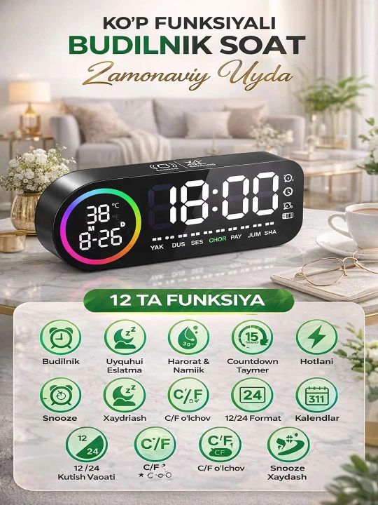 Stol soati RGB yoritgich, budilnik va namlik o‘lchagich bilan - 