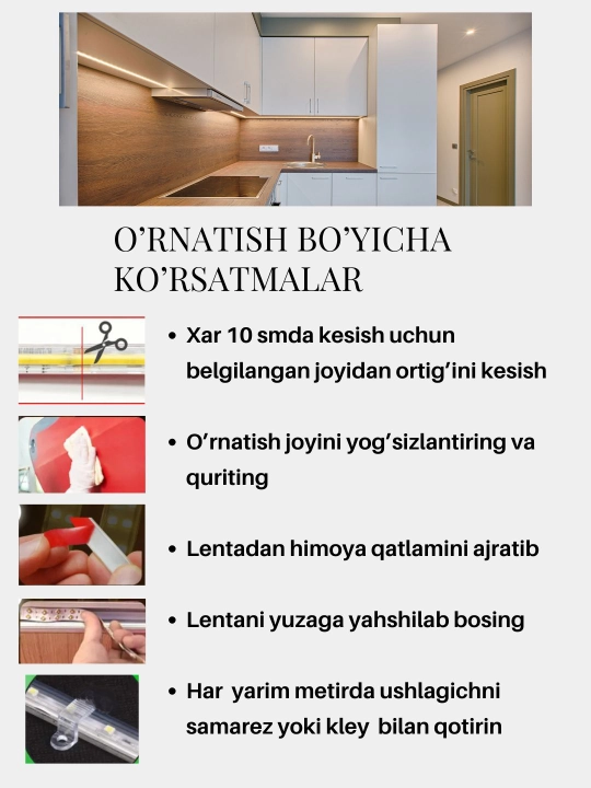 Oshxona ish joyini yoritish uchun chiroqlari, yopishtiriluvchi LED, 220V