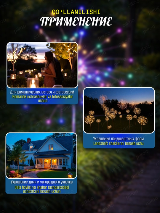 Quyosh batareyali Oduvanchik bog‘ chirog‘i 2 dona, 2 rang, 90/120/150/200 LED, 8 rejim