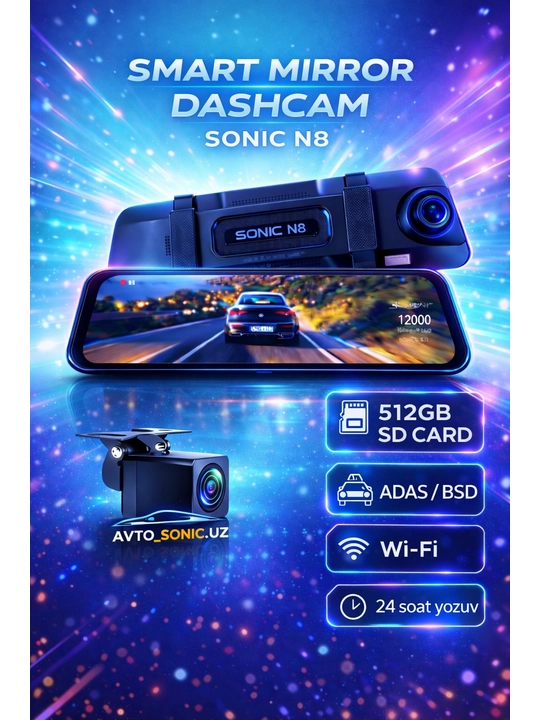 Videoregistrator Sonic N8 , 4K+1080P, Wi-Fi, orqa ko'rinish kamerali avtomobil oynasi - 