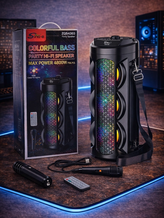 Portativ kolonka, simsiz bluetooth karaoke musiqasi, mikrofonli, pultli va RGB yorug'lik