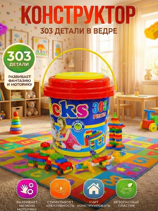 Детский развивающий конструктор в ведре с крупными деталями - 