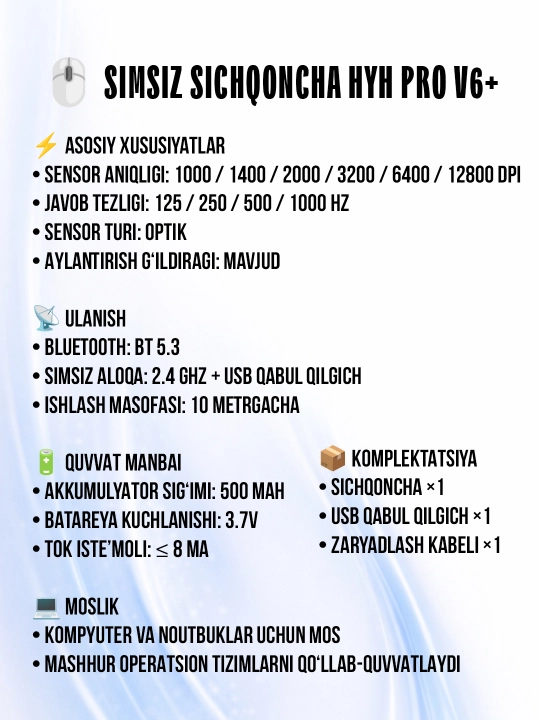 Simsiz o‘yin sichqonchasi HYH PRO V6+ 12800 DPI, 1000 Hz