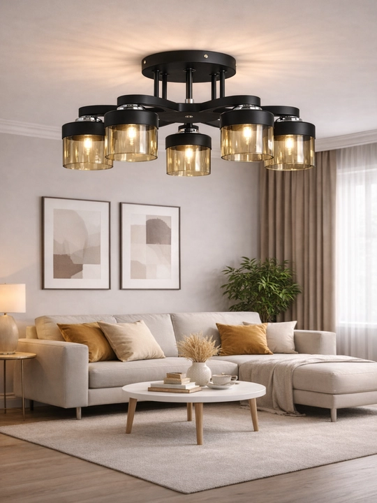 Shift qandil E27 2/3/5 ta lampa, 25 m² gacha, metall karkas, shisha plafon
