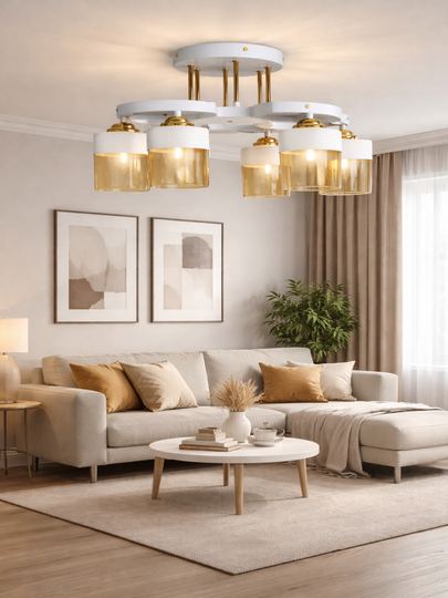 Shift qandil E27 2/3/5 ta lampa, 25 m² gacha, metall karkas, shisha plafon