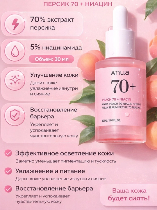 Сыворотка с персиком для гладкой и сияющей кожи Anua Peach 70% Niacin Serum - 