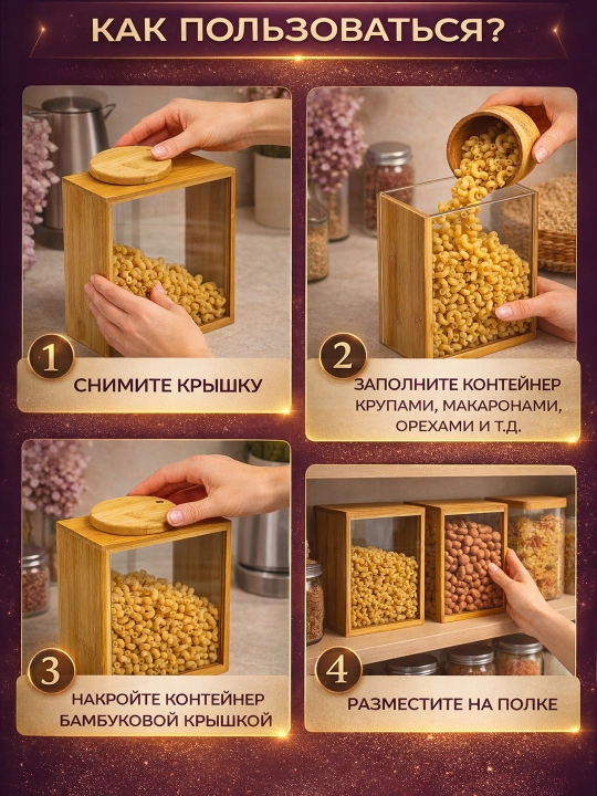 Контейнер для сыпучих продуктов акриловый с бамбуковой крышкой 1.5 л — банка для круп