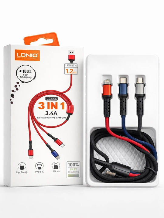 LDNIO tezkor quvvatlash kabeli, 3 tasi 1 da (Lightning / Type-C / Micro) - 3,4 A, 1,2 m - 
