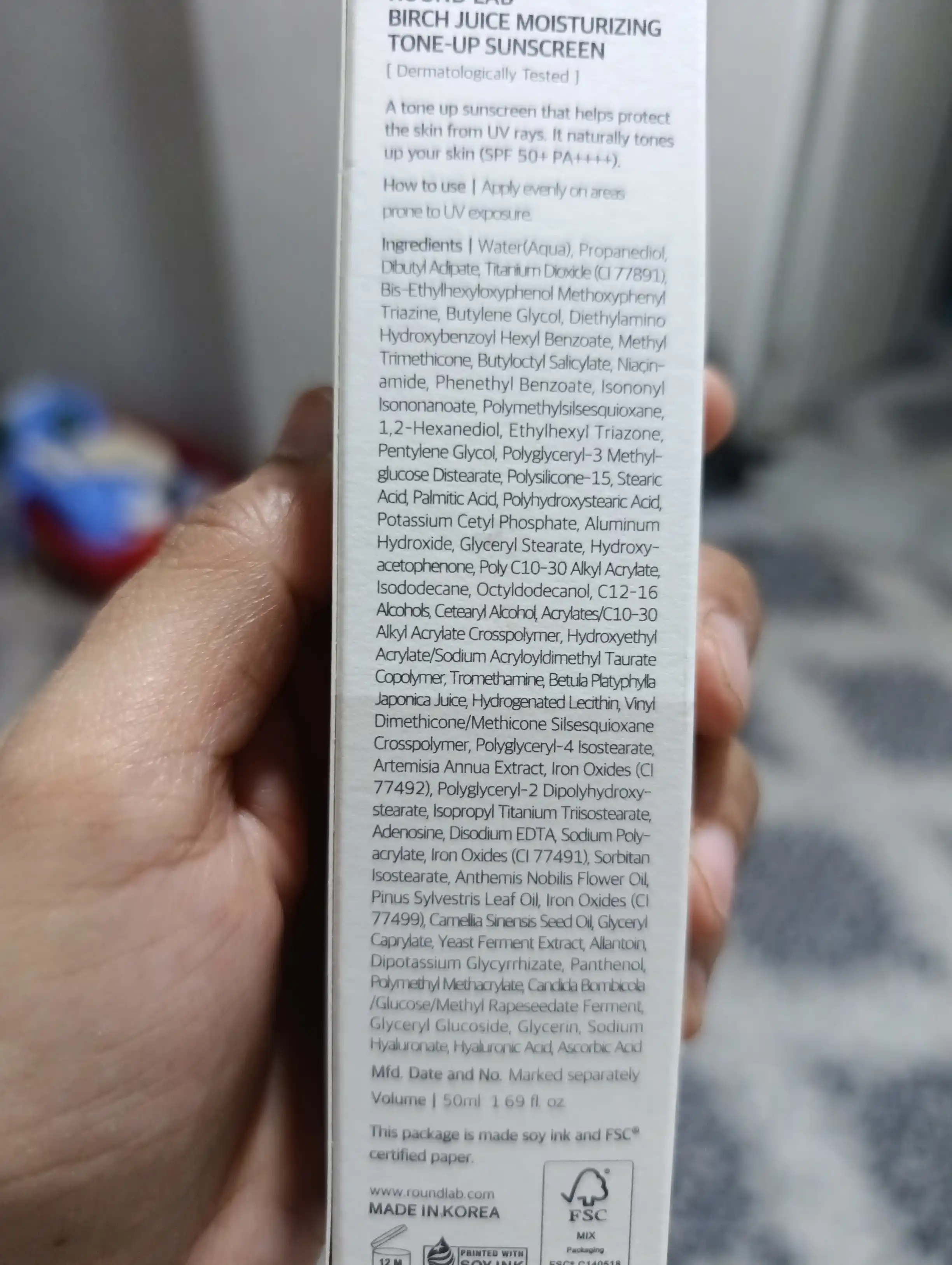 Quyoshdan himoyalovchi Round Lab Birch Juice Moisturizing Tone-Up Sunscreen, SPF 50+, PA++++, 50 ml