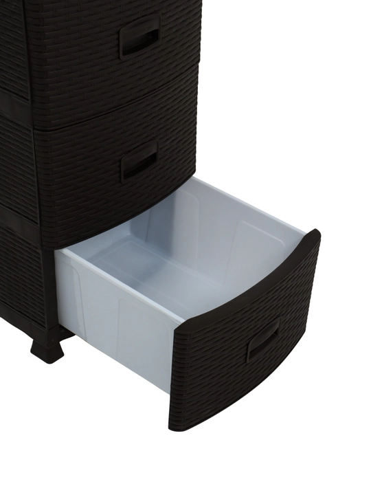 Plastmassa komod rattan uslubida, kiyim va aksessuarlar uchun, 3 tortma