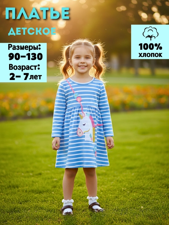 Платье детское с длинным рукавом, весна и осень, хлопок 100% - 