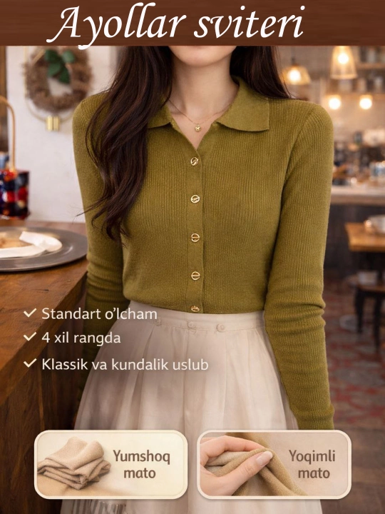 Ayollar sviterlari, bahor uchun, standart o‘lchamda, tugmali, kundalik, yumshoq