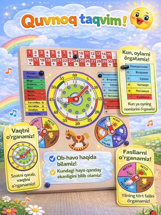 Kichkintoylar uchun soatli yog‘och saralagich, Montessori usuli bo‘yicha - 