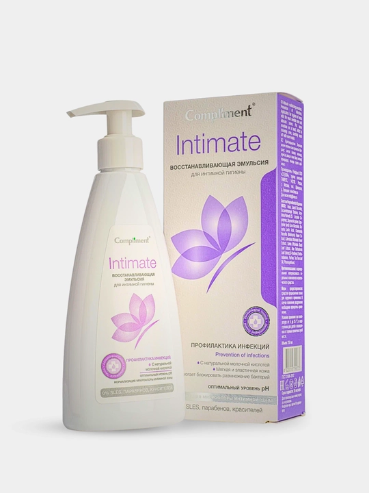 Compliment Intimate ayollar uchun intim gigiyena geli, sut kislotasi bilan, krem-sovun, moy