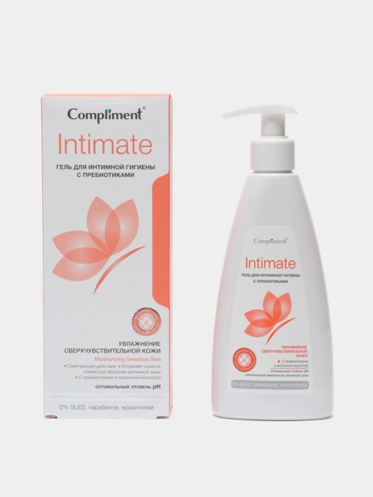 Compliment Intimate ayollar uchun intim gigiyena geli, sut kislotasi bilan, krem-sovun, moy