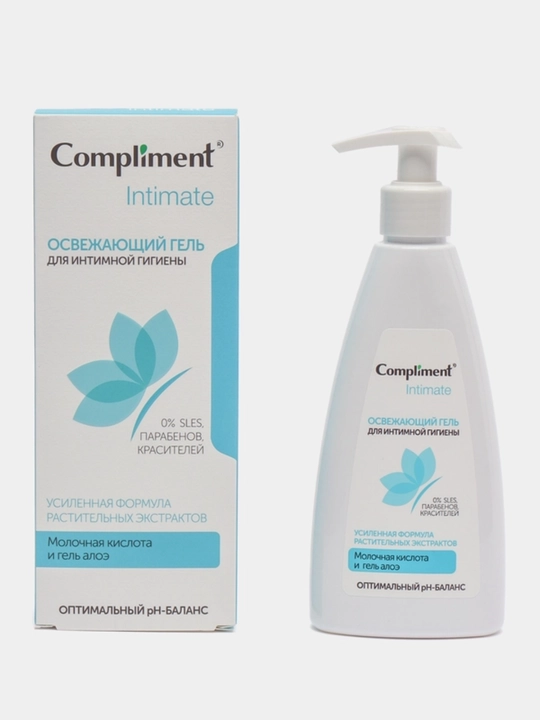 Compliment Intimate ayollar uchun intim gigiyena geli, sut kislotasi bilan, krem-sovun, moy