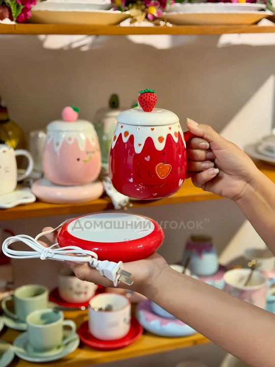 Isitilgan taglikdagi keramik krujka, 480 ml, qopqoq va qoshiqli sovg‘a to‘plami