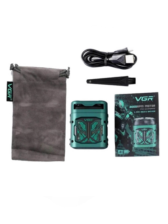 VGR V-344 GREEN rotorli elektr soqol olgich, IPX6 suvdan himoya, USB zaryad, trimmer bilan
