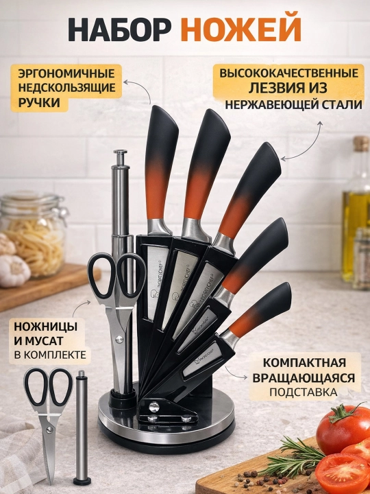 Oshxona pichoqlari to‘plami zanglamaydigan po‘lat pichoqlar, qaychi, charxlash moslamasi - 
