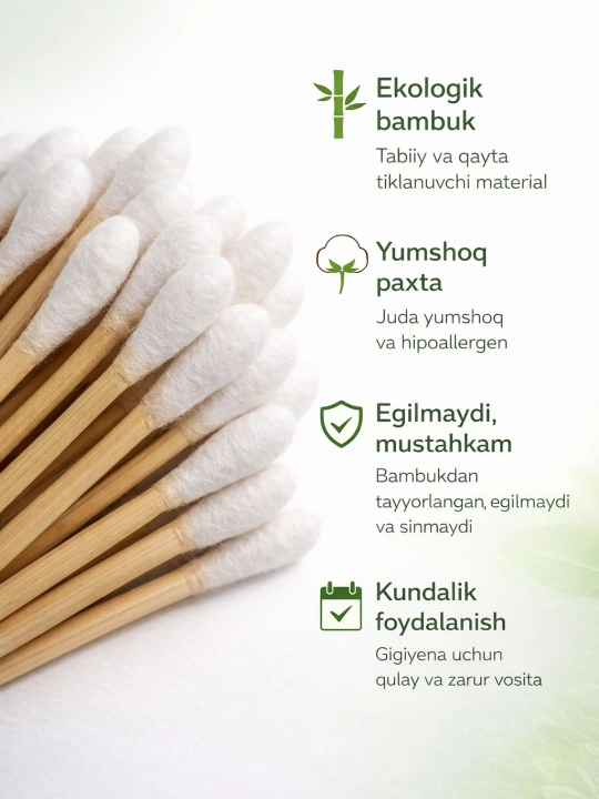 Quloq tozalash va kosmetik muolajalar uchun qulay bo‘lgan bambuk paxta tayoqchalari, 200 dona