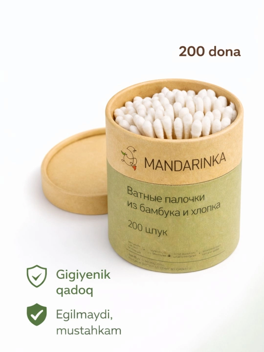 Quloq tozalash va kosmetik muolajalar uchun qulay bo‘lgan bambuk paxta tayoqchalari, 200 dona