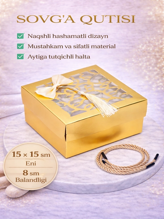 Dekorativ sovg'a qutilari - Kvadrat, yurakcha, yumaloq | Qopqoqli, lentali - 