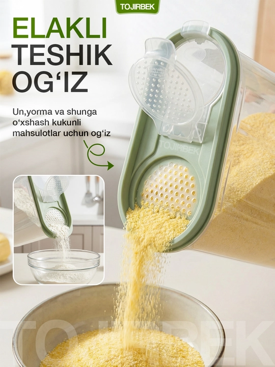 Sochiluvchan mahsulotlarni (krup) saqlash uchun plastik, qopqoqli konteyner