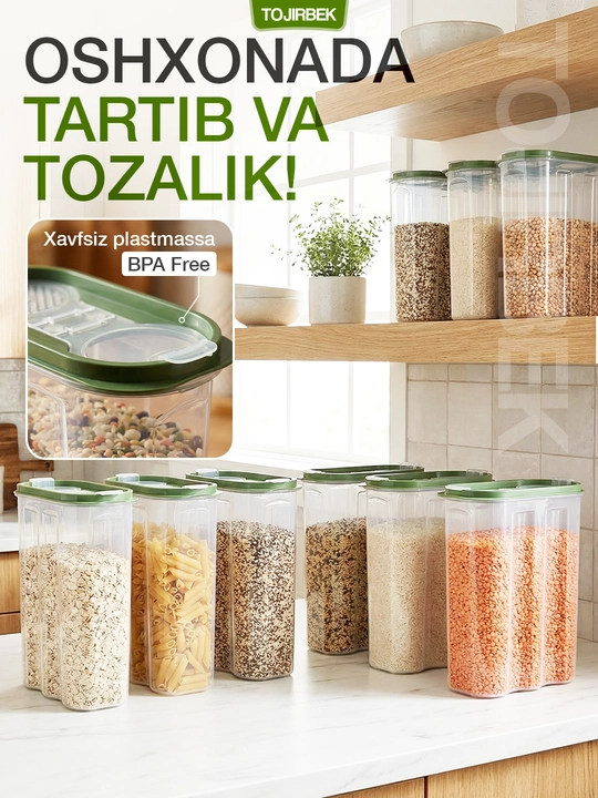 Sochiluvchan mahsulotlarni (krup) saqlash uchun plastik, qopqoqli konteyner