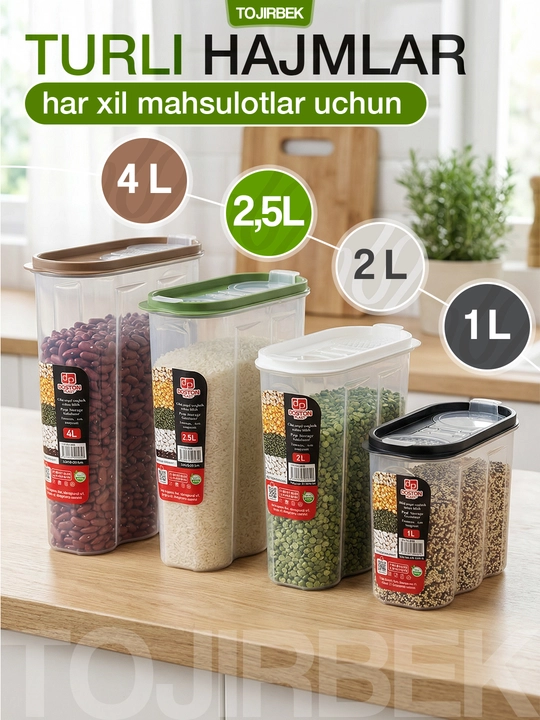 Sochiluvchan mahsulotlarni (krup) saqlash uchun plastik, qopqoqli konteyner