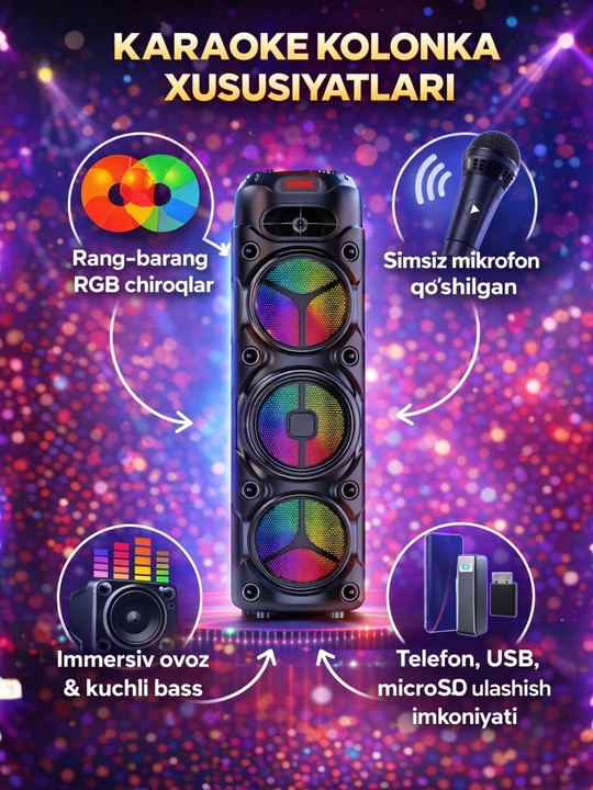 Portativ kolonka, simsiz Bluetooth karaoke musiqasi, mikrofonli, pultli va RGB yorug'lik