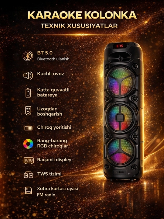 Portativ kolonka, simsiz Bluetooth karaoke musiqasi, mikrofonli, pultli va RGB yorug'lik