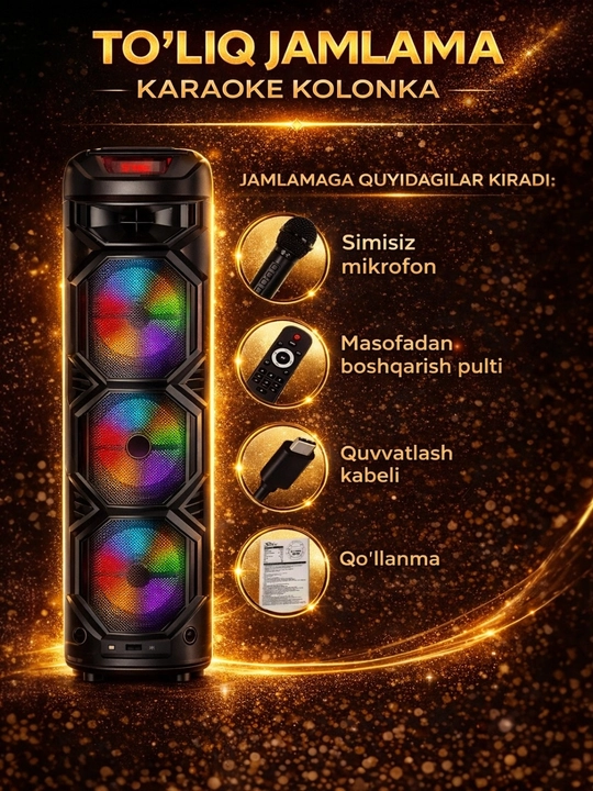 Portativ kolonka, simsiz Bluetooth karaoke musiqasi, mikrofonli, pultli va RGB yorug'lik