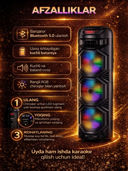 Portativ kolonka, simsiz Bluetooth karaoke musiqasi, mikrofonli, pultli va RGB yorug'lik