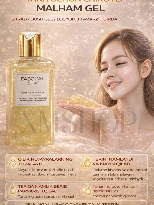 FABOLAI dush geli 300 ml — tana uchun skrab gel,, losyon effektli, xushbo‘y tana geli - 