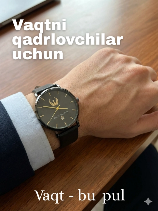 Erkaklar qo'l soati, VAQT - BU PUL yozuvi tushirilgan,charm tasmali,qutisi bilan - 